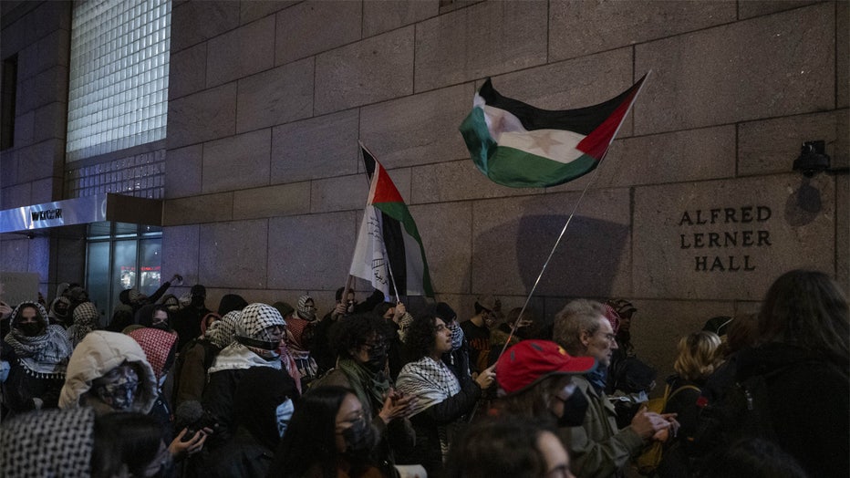NEW YORK, UNITED STATES - MARCH 04: Pro-Palestinian protesters gather outside Columbia University Campus in New York City to protest against the former Israeli Prime Minister Naftali Bennett. New York, U.S., March 04, 2025. (Photo by Mostafa Bassim/Anadolu via Getty Images)